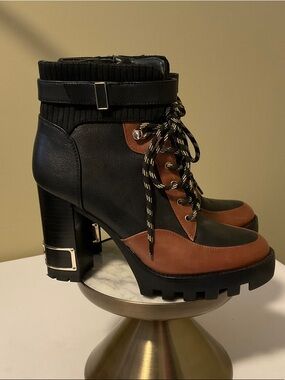ANTONIO MELANI Black and Brown Lace-Up Platform Heeled Ankle Boots